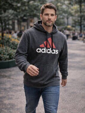 Adidas Gray Hoodie with Red Logo – Size 2XL